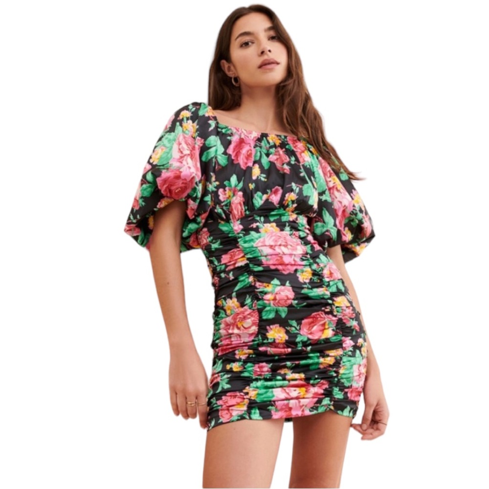 For Love & Lemons Jolie Black Floral Puff Sleeve Mini Dress (S)